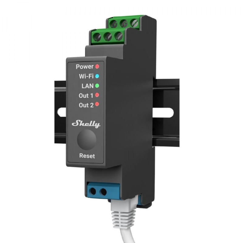 Shelly PRO 2 WiFi + Ethernet 2 grupu viedais releja slēdzis ar DIN sliedes atbalstu