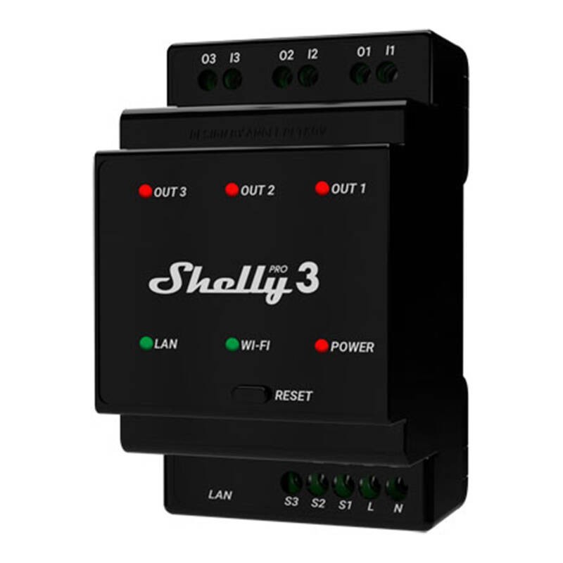 DIN Rail Smart Switch Pro 3 с сухими контактами, 3 канала Shelly
